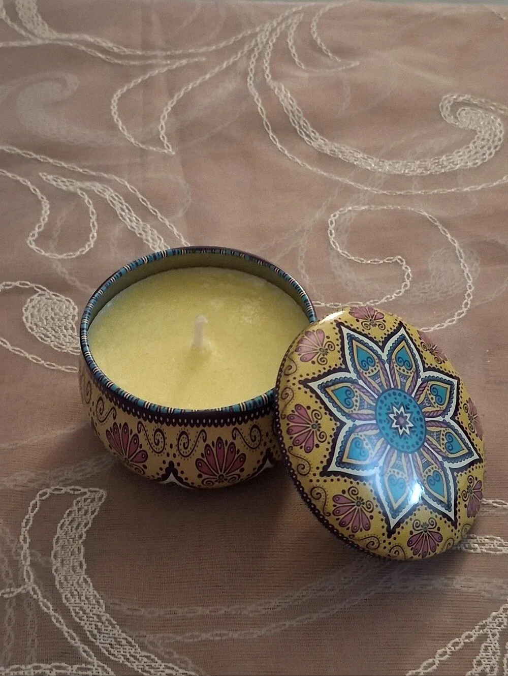 Yellow Boho-Style Metal Tin Candle